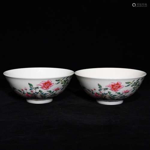 Pastel flowers green-splashed bowls, 6.5 cm diameter, 15.3 c...