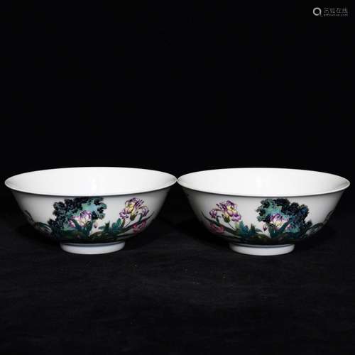 Pastel flower butterfly green-splashed bowls, 6.2 cm diamete...