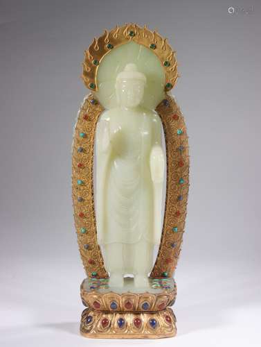 Wire, silver and gold treasure hetian jade Buddha stands res...