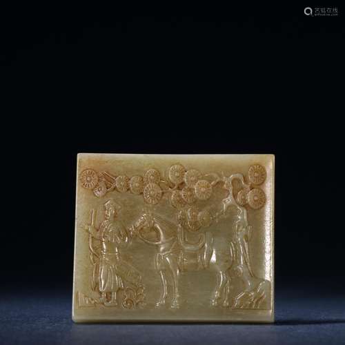 Stories of hetian jade plate.Specification: high 5.7 ㎝ 6.8 ㎝...