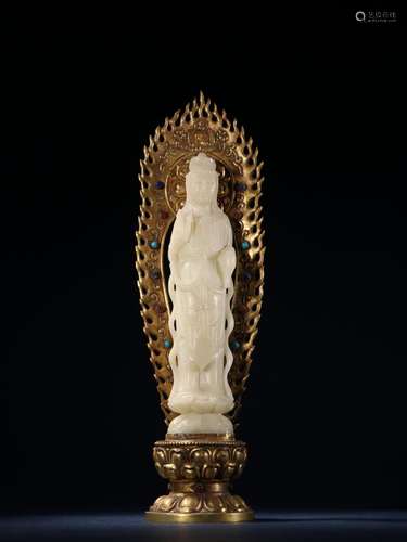 The gold copper net white jade goddess of mercy bottle furni...