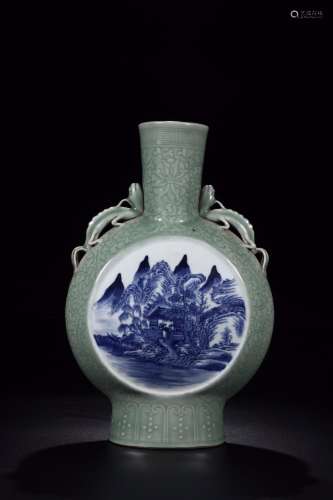 Blue and white landscape characters: powder blue glaze medal...