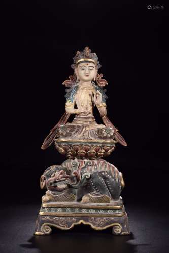 : painted pottery manjusri bodhisattva's statue15 cm lon...