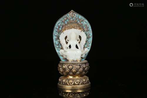 Hetian jade guanyin silver inlay, take silver texture, bluin...