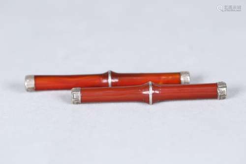 Liao, silvering agate bamboo tube pair, natural agate, hands...