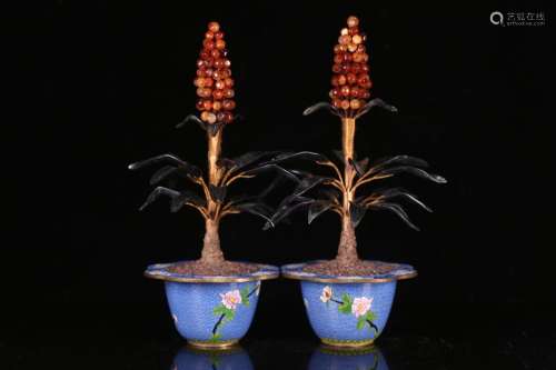 Cloisonne agate flower miniascape of a pair of late, basin f...