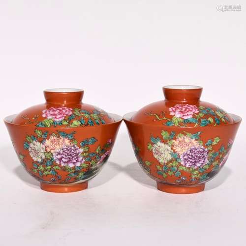 Alum red pastel flowers lines tureen, high caliber 9.3 10.3,