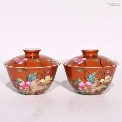 Alum red enamel corn poppy flower grain tureen, high caliber...