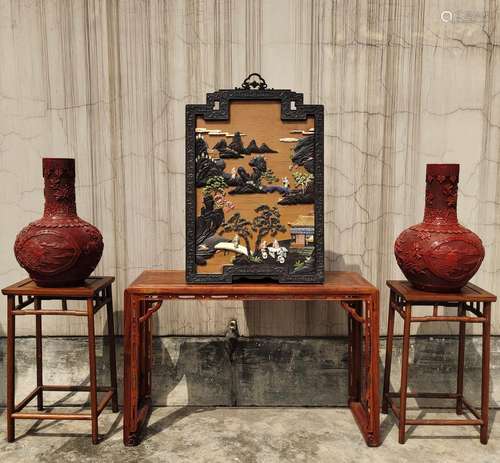 :lacquer red sandalwood landscape characters treasure embedd...