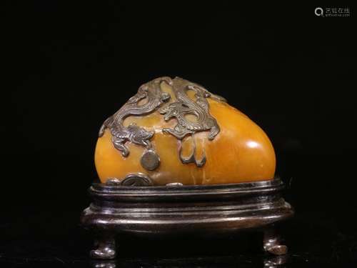 . Shou field-yellow stone with black hand carved dragon grai...