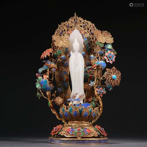 Silver and gold inlaid with hetian jade guanyin furnishing a...