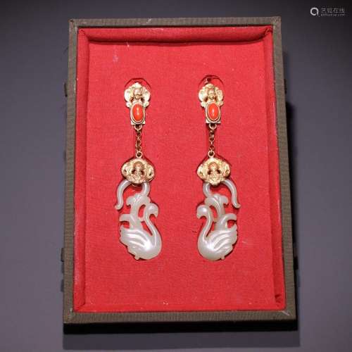 : silver and gold hetian jade swan grain eardrop pairSpecifi...