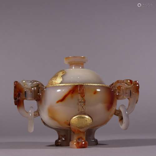 Liao old agate with silver and gold with cover incense burne...