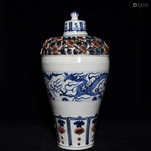 , blue and white youligong pinch flower dragon bottle 38 x20