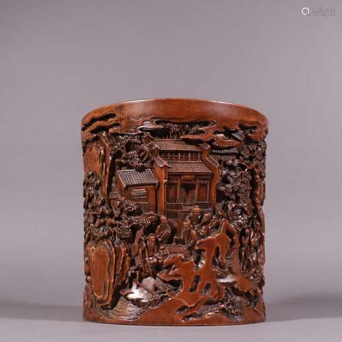 Stories of sandalwood brush pot.Specification: high 19 cm di...