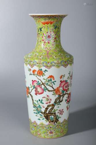 The green colored enamel bottleHeight: 35.5 cm, width: 15 cm