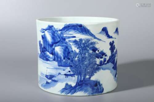 Blue and white landscape poetry brush potHeight: 15.5 cm, di...