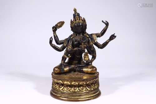 Guanyin cave: copper and gold three eight armsSize: 21 cm wi...