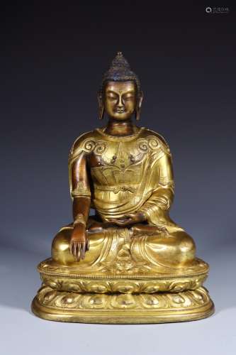 : copper and gold Buddha statueSize: 18 cm long and 23.5 cm ...