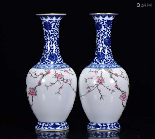In blue and white and color painting of flowers and bottle o...