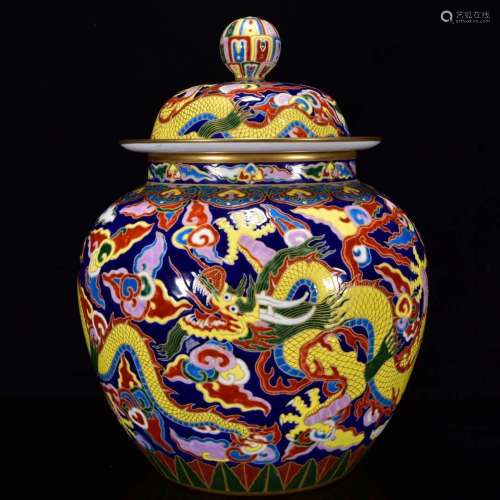 In colored enamel gold dragon cover pot 38 * 30 m (a pair)