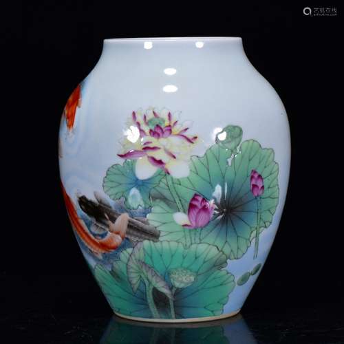 In colored enamel carp with lotus canister 16 * 13 m (a)