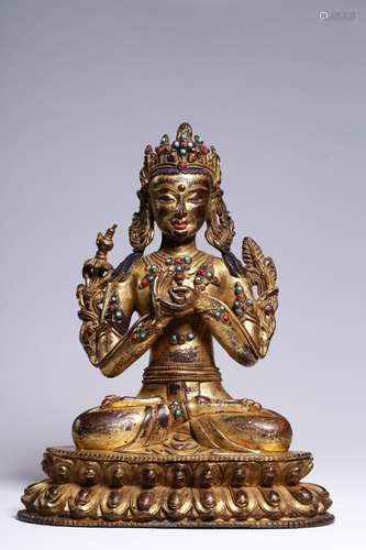 Copper, gold and stone agate tara's statue24 cm high, 18...