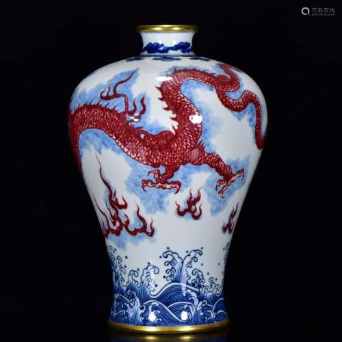 Blue and white youligong red sea water dragon grain tracing ...