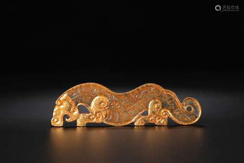 Old hetian jade, gold plated ancient beast furnishing articl...