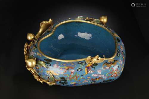 "Four big water, copper and gold cloisonne peach shapeS...