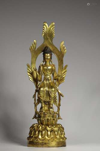 Previously, copper and gold backlit guanyin stands resembleS...