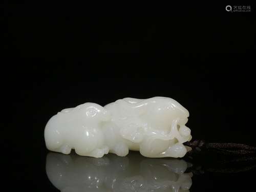 To hotan white jade manual sculpture double rabbit hand piec...