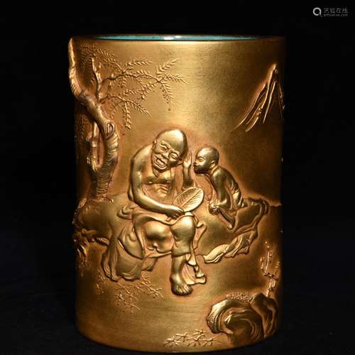 High relief Wang Bingrong gold figures pen holder, 12.6 diam...