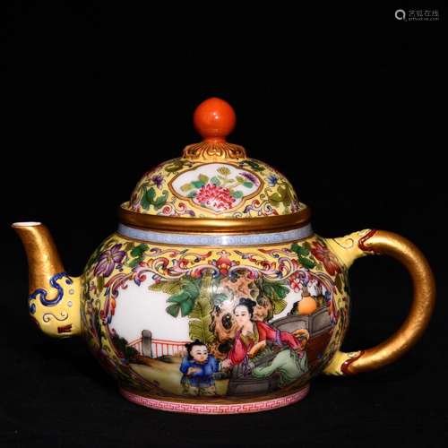 Colored enamel gold window ladies ZiWen pot, high 12 diamete...