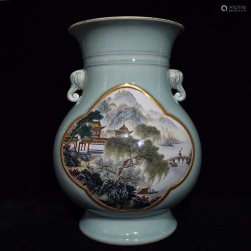 Pea green glaze window pastel landscape pattern trunk39.5 di...