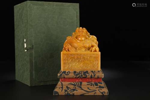 , auspicious dragon with field-yellow stone play pearl squar...