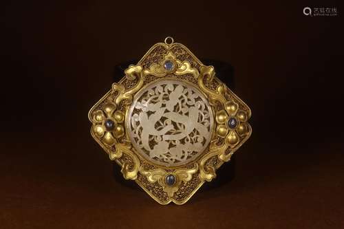 , silver and gold wire embedded in hotan white jade bird lin...