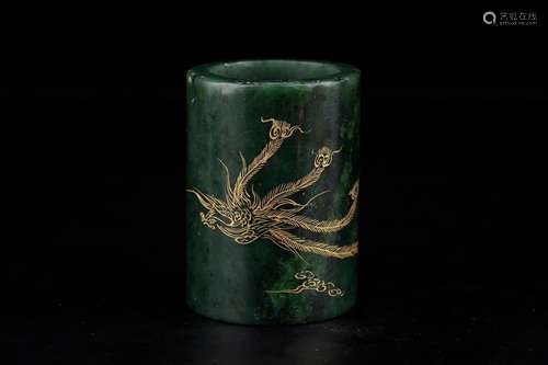 Colour grain brush pot, hetian jadeSize: 8.5 6 cm high weigh...