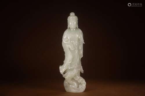 , hotan white jade ride the dragon goddess of mercySize: 8 x...