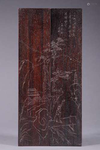 Stories of old Tibet: rosewood landscape paper weight of a c...