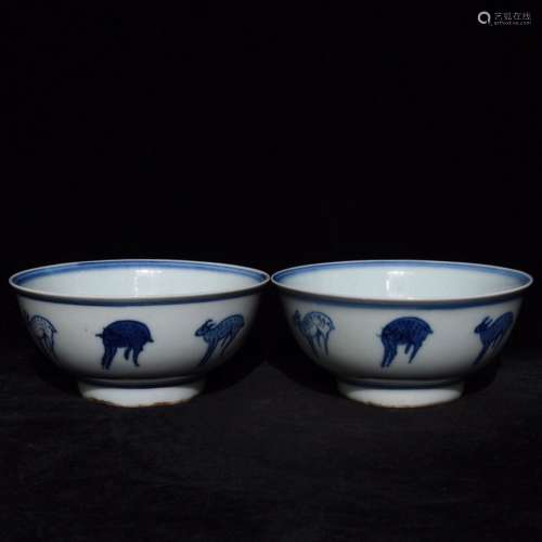 Blue and white deer 5.5 x12.8 green-splashed bowls