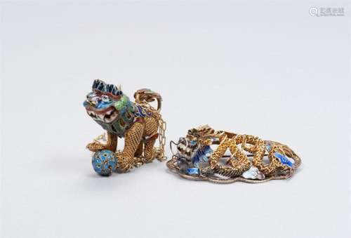 CHINESE GILT STERLING FOO DOG NECKLACE AND DRAGON BROOCH