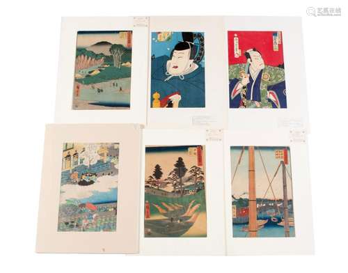 SIX UKIYO-E WOODBLOCKS INCLUDING HIROSHIGE AND 53 STATIONS