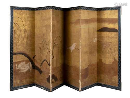 JAPANESE EDO PERIOD SIX PANEL EGRET SCREEN