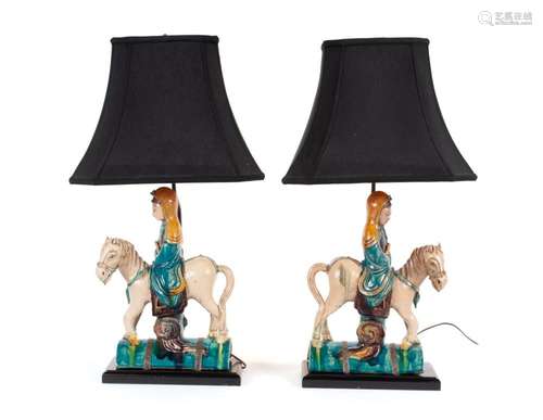 PAIR OF SANCAI CERAMIC RIDERS MOUNTED AS LAMPS