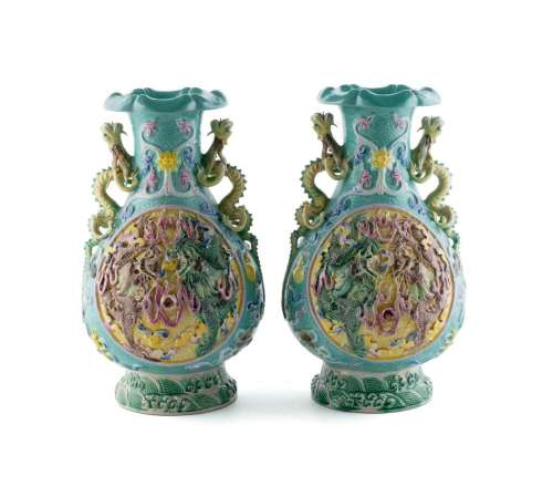 PAIR OF TEAL GLAZE DOUBLE DRAGON VASES