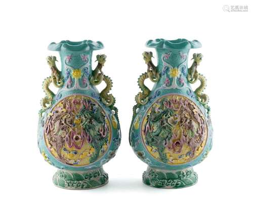 PAIR OF TEAL GLAZE DOUBLE DRAGON VASES