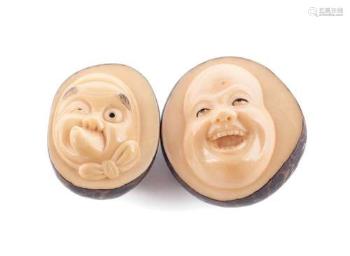 TWO TAGUA NUT HYOTTOKO MASK NETSUKE