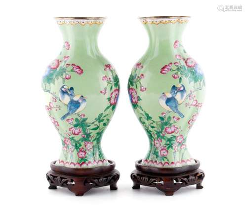 PAIR OF LOBED ENAMEL VASES