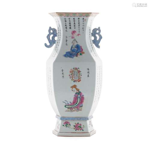 LARGE WU SHANG PU HEXAGONAL FAMILLE ROSE VASE